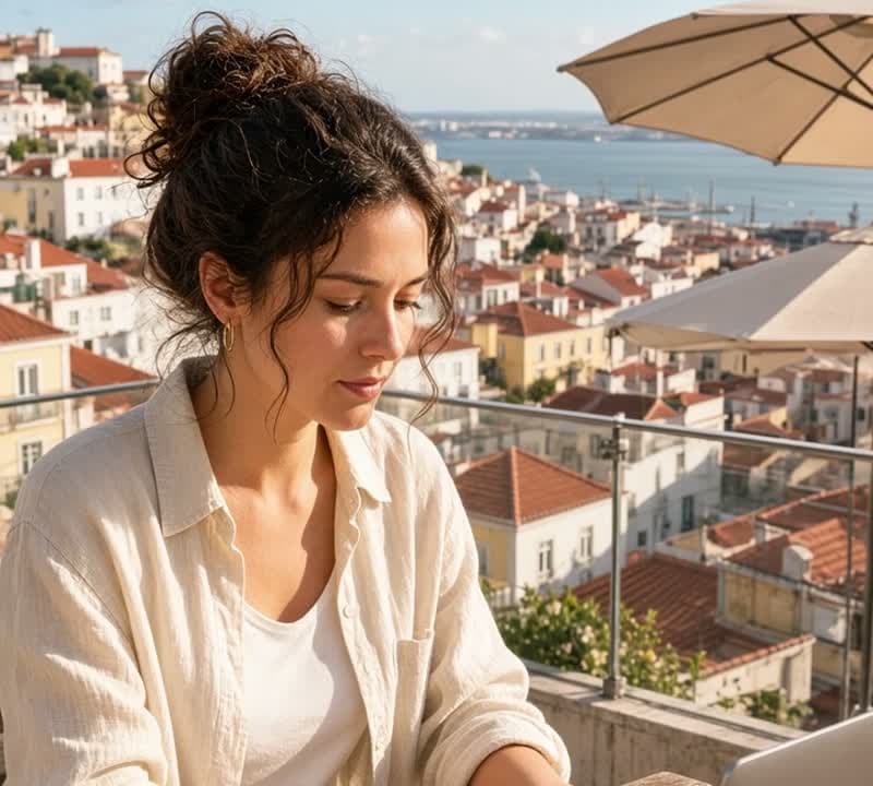 Illustrative laptop workspace overlooking a European city